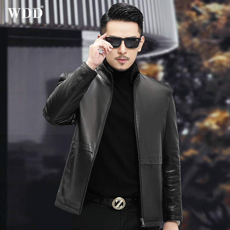 Men's dermis fur coat water mink liner short for body upstanding goat leather jacket fur integrated leather straw thick coat