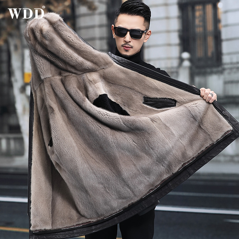 Mink coat men's first-layer tire cowhide leather jacket mid-length hooded Haining pie to overcome the whole mink inner jacket