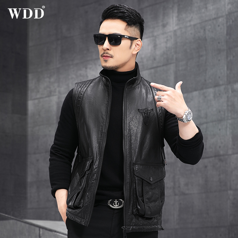 Men Henning genuine leather leather jacket Short-collar cow leather jacket in manmade waistcoat Vest Handsome air trendy thin jacket