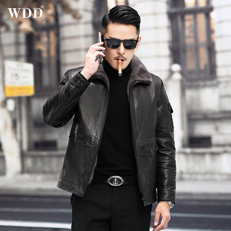 Mink fur coat men's leather leather clothing whole mink mink liner Mountain Sheep leather jacket short Hainen fur integrated jacket