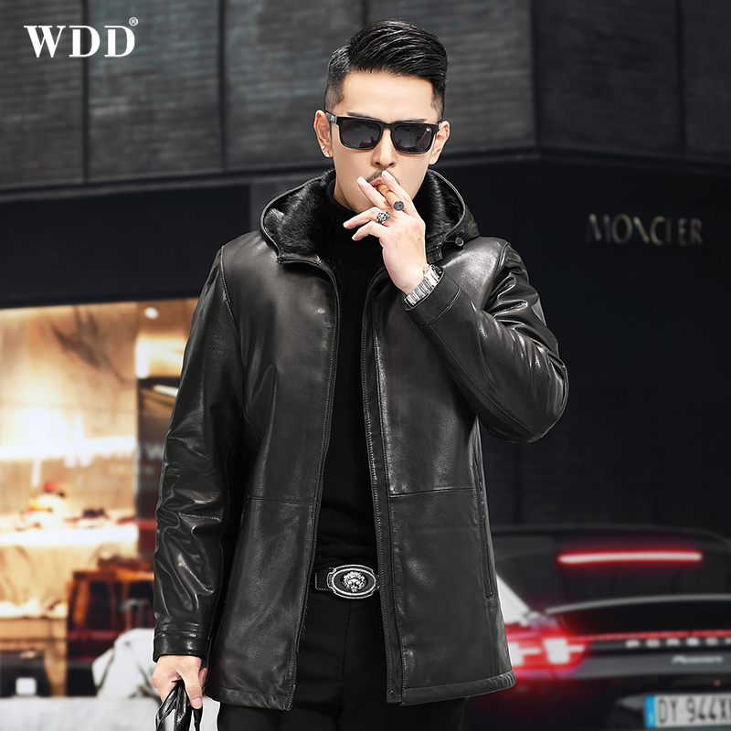 New Hainen genuine leather leather clothes men's medium long version with cap water mink liner Mountain Sheep leather jacket Whole Mink Leather Coat Jacket