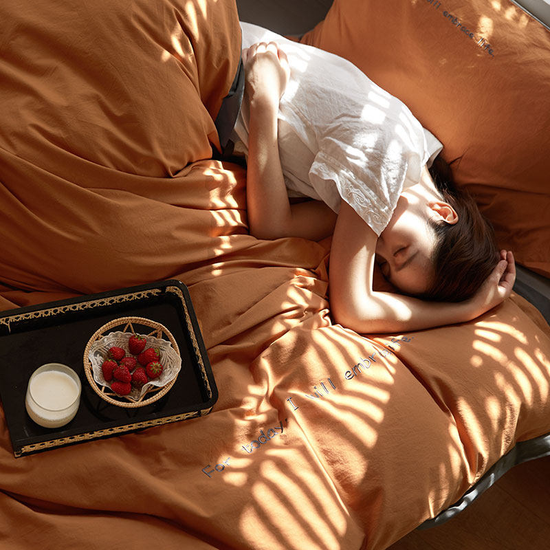 Simple cotton washed cotton four-piece set Pure cotton solid color duvet cover sheets fitted sheet three-piece set Nordic wind bedding