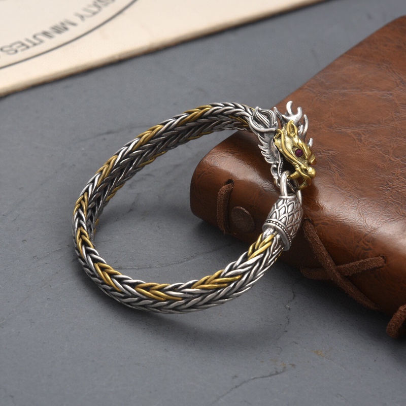 925 Silver Three-Dimensional Hand-Woven Dragon Head Bracelet, Chain Width 9mm, Weight Approximately 48.5 Grams, Silver Inlaid with Copper, Trendy