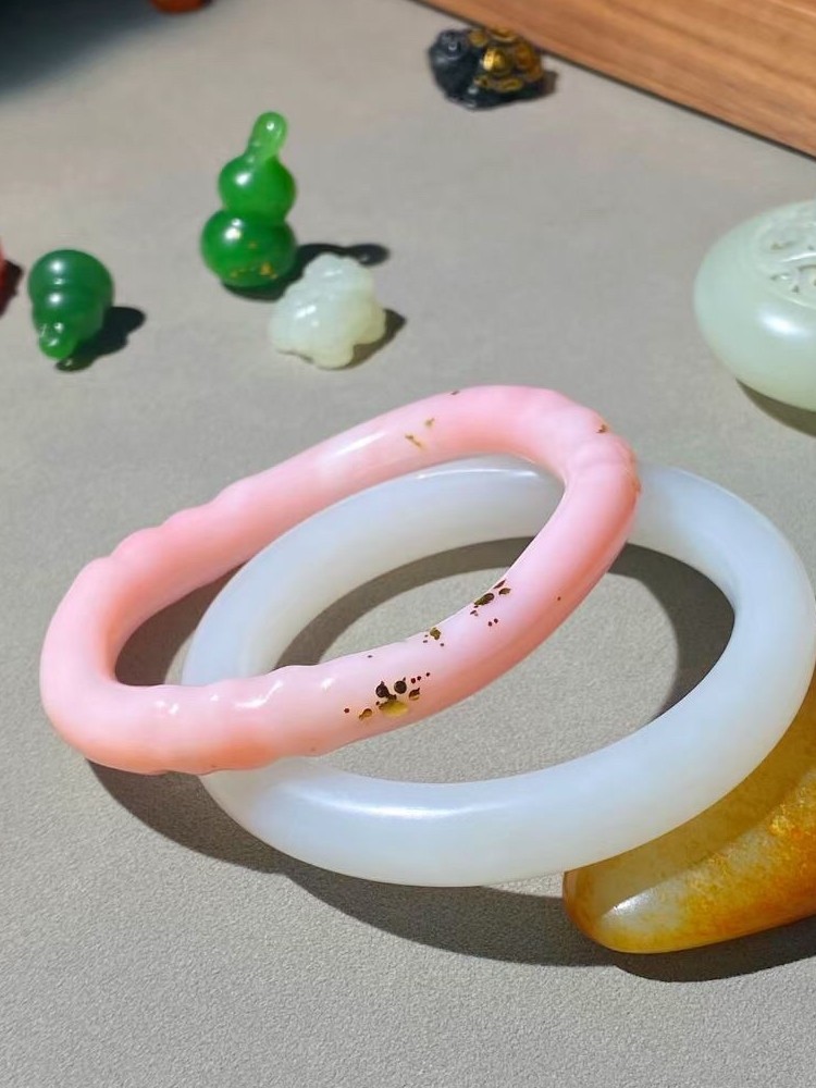 Jidebaofu Xiaobao Natural Xinjiang Hetian Jade, White Jade, Southern Red Jade, Pink Opal Multi-Gemstone Bracelet, Handmade Beads