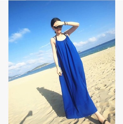 Hong Kong Spring Summer New Blue Snowspinning Sleeveless Harnesses Women Seaside Beach Holiday Ocean Dress With Long Skirts
