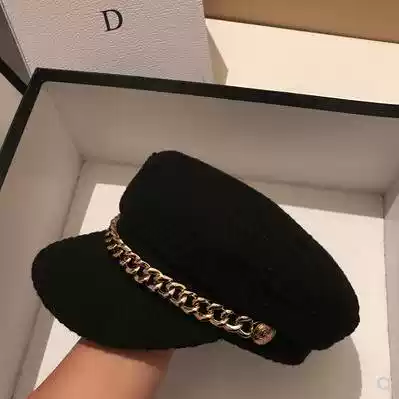 Japan's new gold chain woolen octagonal hat female Net red same navy cap Joker cap tide hat