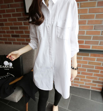 South Korea spring and summer new long-sleeved long-sleeved shirt women's casual wild big size loose bf wind cotton white shirt