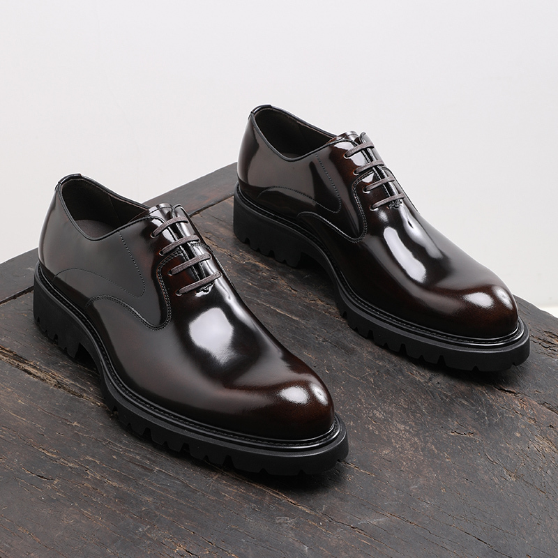 British Style Trendy Formal Business Casual Leather Shoes for Young Commuters, Shiny Leather Oxford Shoes, Genuine Leather Wedding Shoes with Thick Soles for Height Increase