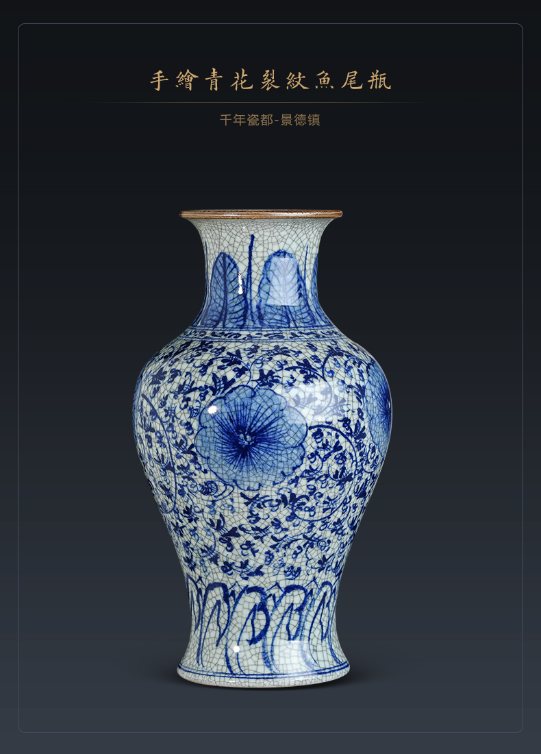 Jingdezhen ceramics Chinese style living room home wine ark, adornment furnishing articles antique hand - made crack blue and white porcelain vase