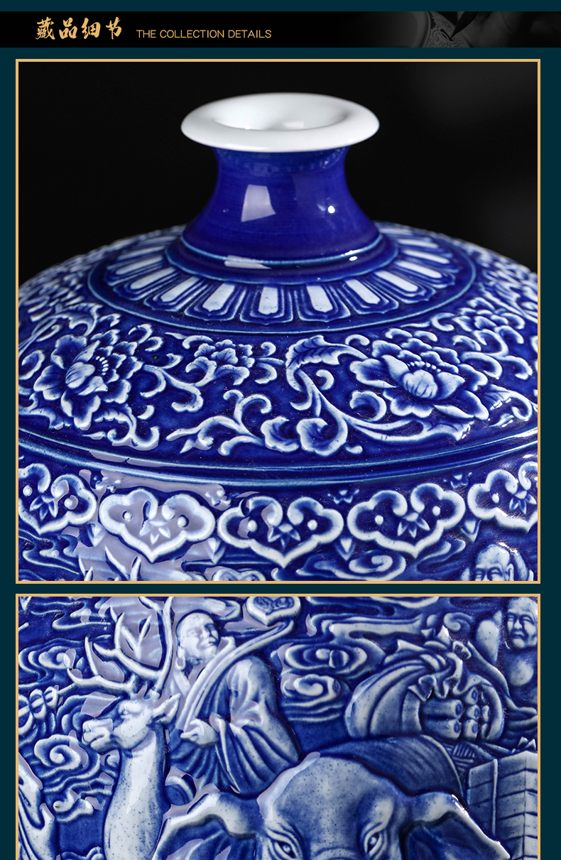 Jingdezhen ceramics antique blue and white porcelain vase carving new Chinese style home furnishing articles large living room