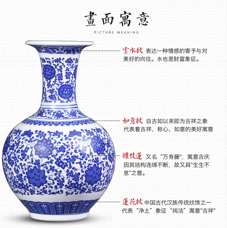 Jingdezhen ceramics antique blue and white porcelain vases, flower arranging new Chinese style living room decorations rich ancient frame furnishing articles