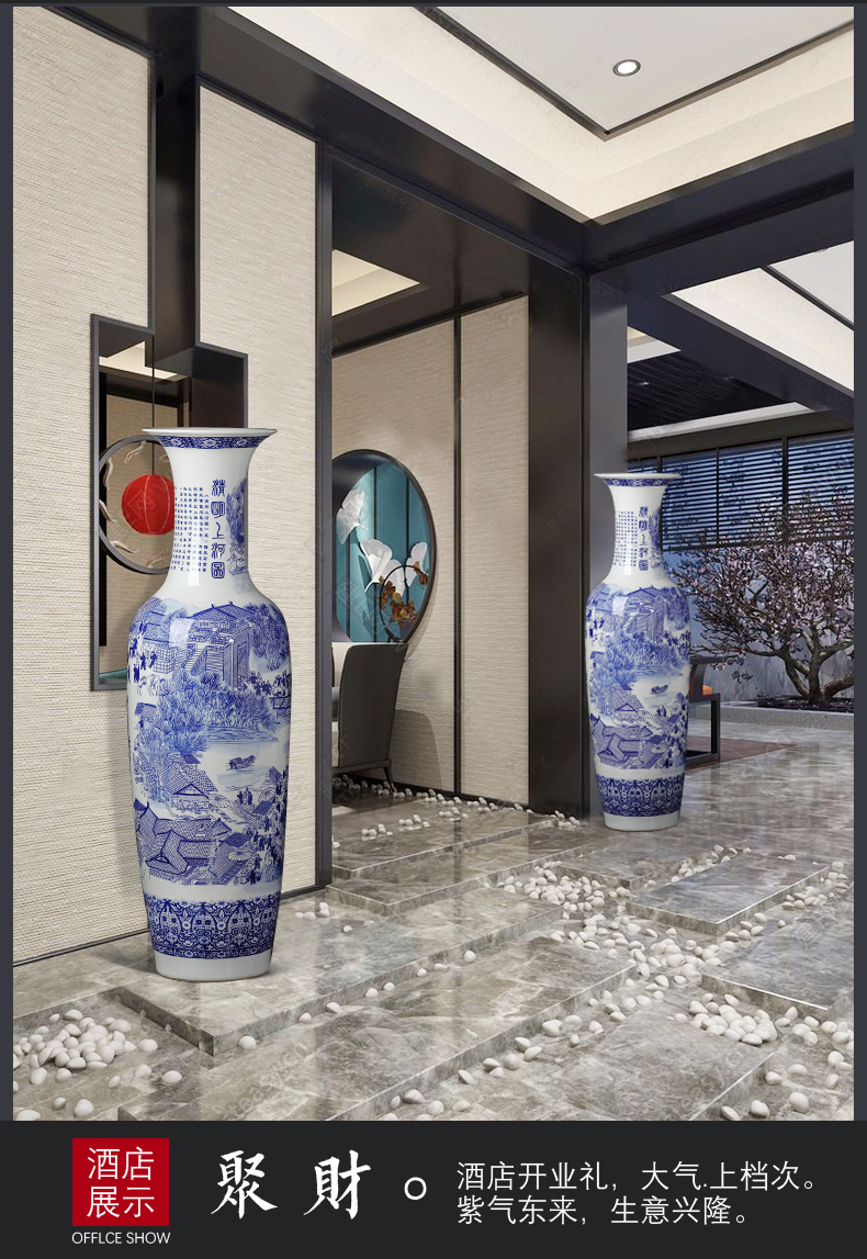 Blue and white porcelain of jingdezhen ceramics qingming scroll of large vases, Chinese style living room TV cabinet decorative furnishing articles