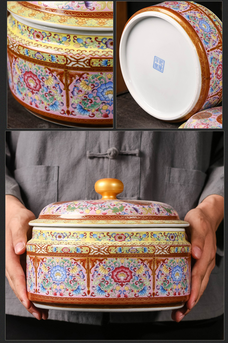 Jingdezhen ceramics colored enamel caddy fixings Chinese style household waterproof storage tank with cover archaize seal pot