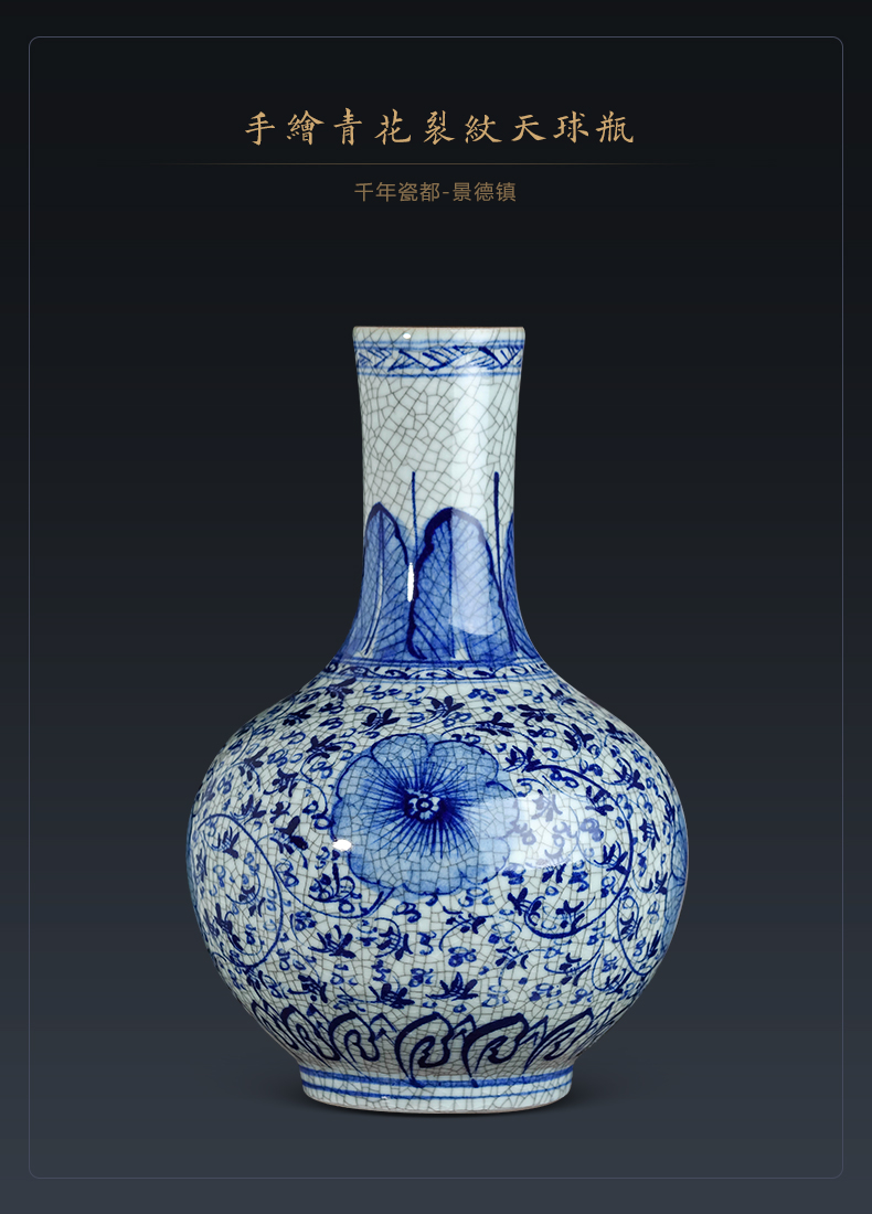 Jingdezhen ceramics Chinese style living room home wine ark, adornment furnishing articles antique hand - made crack blue and white porcelain vase