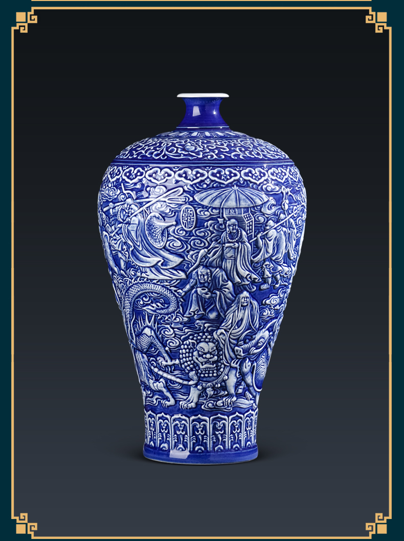 Jingdezhen ceramics antique blue and white porcelain vase carving new Chinese style home furnishing articles large living room