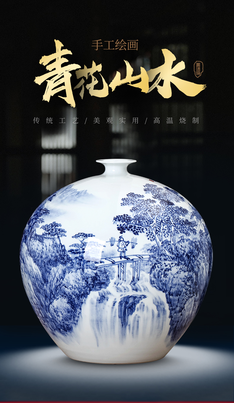 Jingdezhen blue and white landscape hand - made ceramics vase furnishing articles of Chinese style living room TV ark adornment household arranging flowers