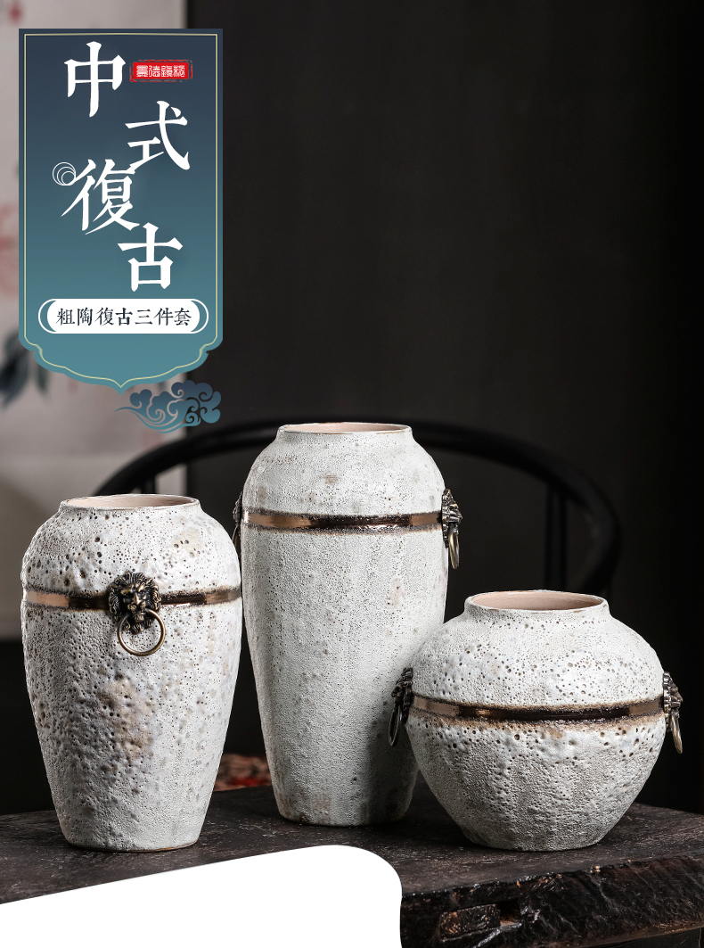 Jingdezhen ceramic retro nostalgia coarse pottery dried flower adornment of modern Chinese style living room wine flower vases, furnishing articles