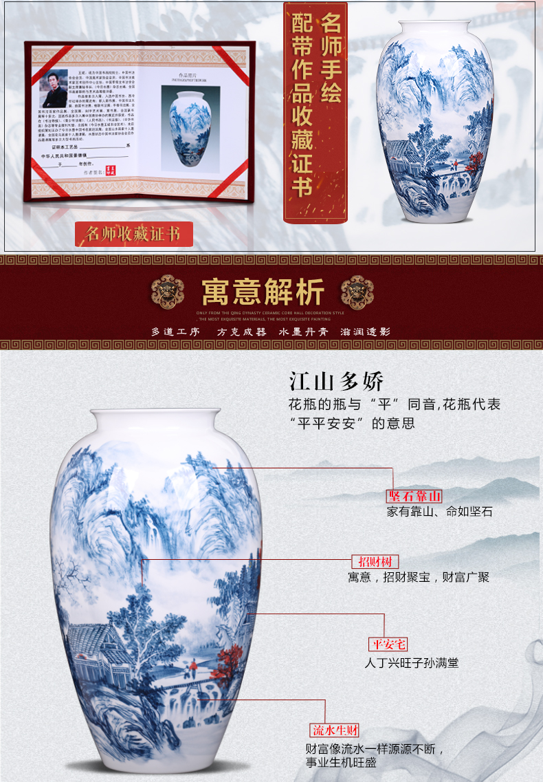 Jingdezhen ceramics by hand draw large blue and white porcelain vase flower arranging new Chinese style sitting room adornment is placed