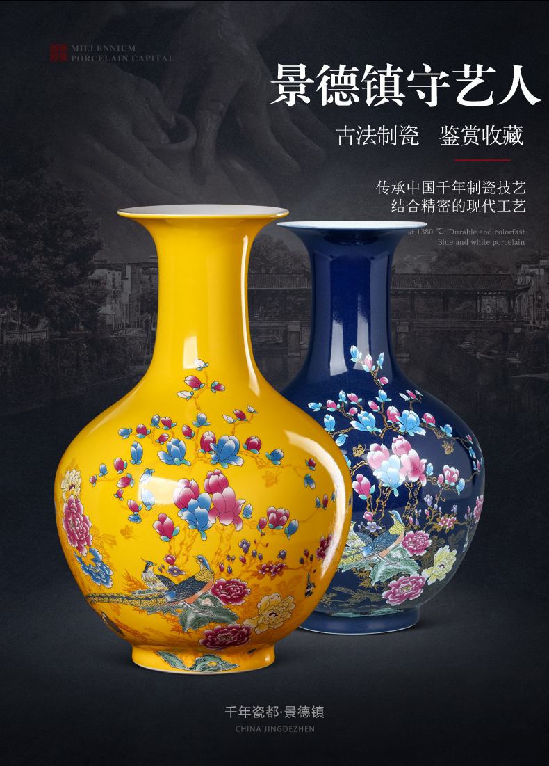 Jingdezhen ceramics yellow vase furnishing articles of new Chinese style household adornment flower arranging rich ancient frame handicraft sitting room