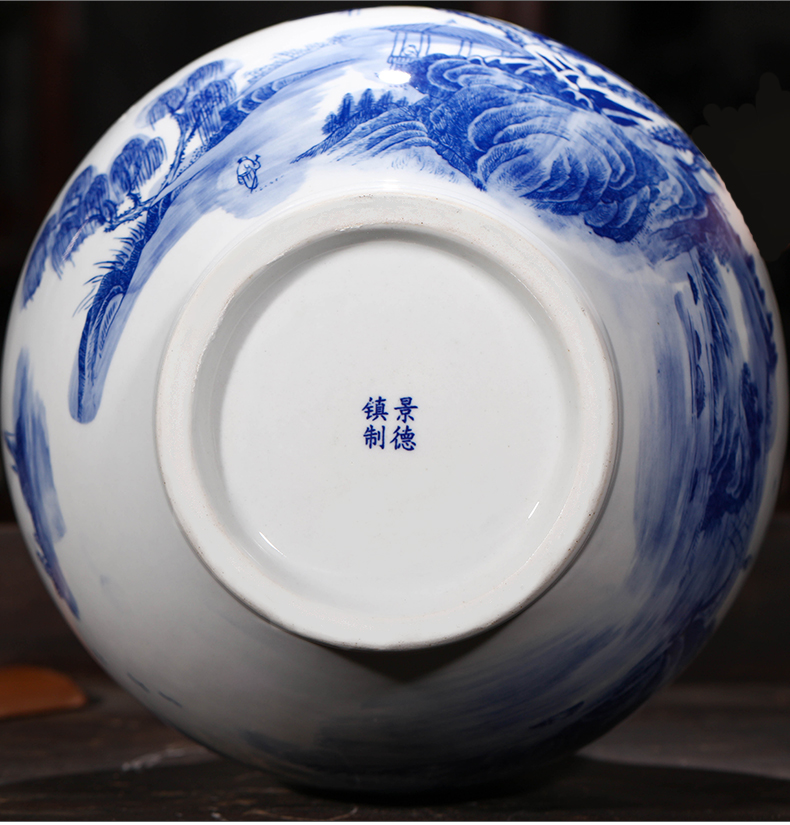 Jingdezhen ceramics antique Chinese classical landscape painting large blue and white porcelain vase flower arrangement sitting room adornment is placed