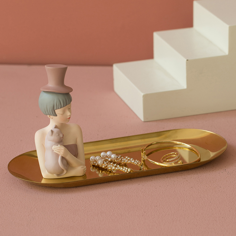 Creative cat girl home living room decoration decoration desk small decoration porch key storage brass tray