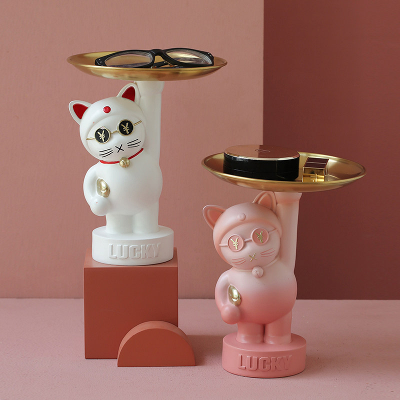 Mizi Home Lucky Cat Entering the Home Entrance Key Tray Storage Ornament Living Room Home Decorations Housewarming Gift