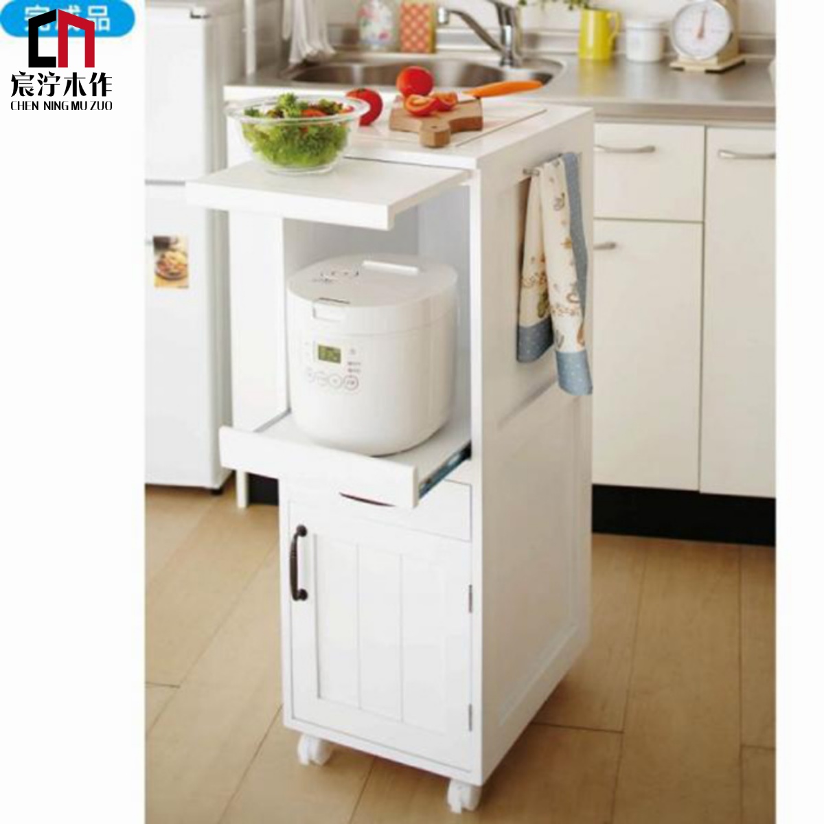 Japanese-style mobile storage cabinet solid wood sideboard kitchen with wheels sandwich cabinet modern minimalist drawer cart