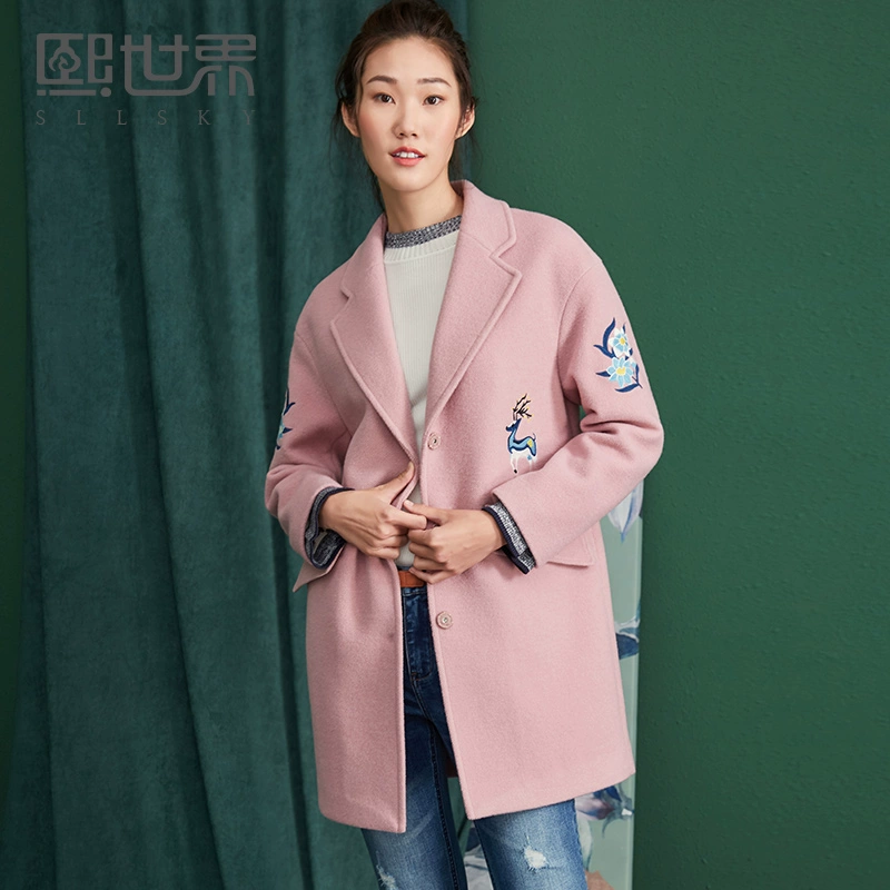 Hee World Women Shop chính hãng dài tay áo khoác len 2017 mùa đông mới thêu - Trung bình và dài Coat