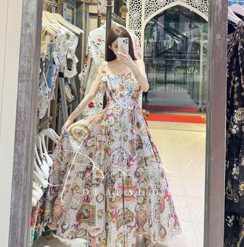 2026 New Holiday Style Australian Niche Floral French Square-Neck Spaghetti Strap Butterfly Pendant Waist-Cinching Long Dress