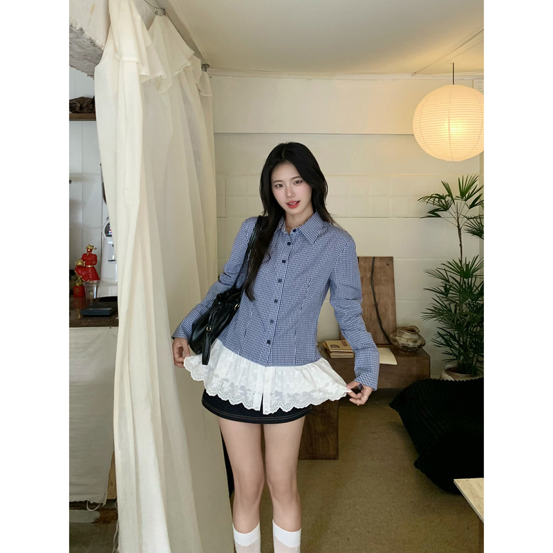 Xiaoxian Ni Zi Korean-Style Lace Shirt for Women, Autumn Season, Super Pretty and Atmospheric, Slimming Long-Sleeve Plaid Top