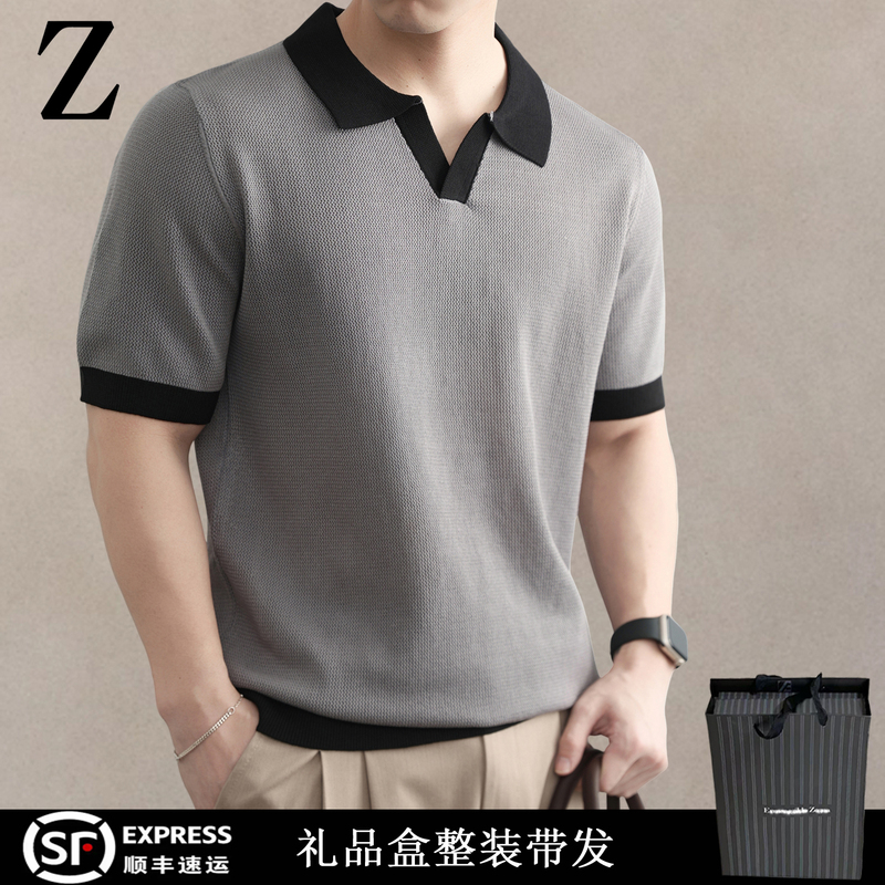 Italian Old Money Style Luxury Brand Ze&Na Men's Ice Silk Knit Polo Shirt with a Turn-Down Collar, Summer Short-Sleeve T-Shirt for Men