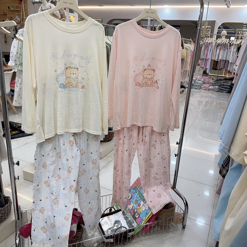Missjuju Long-Sleeved Long-Pants Pajamas for Women Spring Cute Cartoon Bear Pink Girl Home Wear Set Can Be Worn Outside