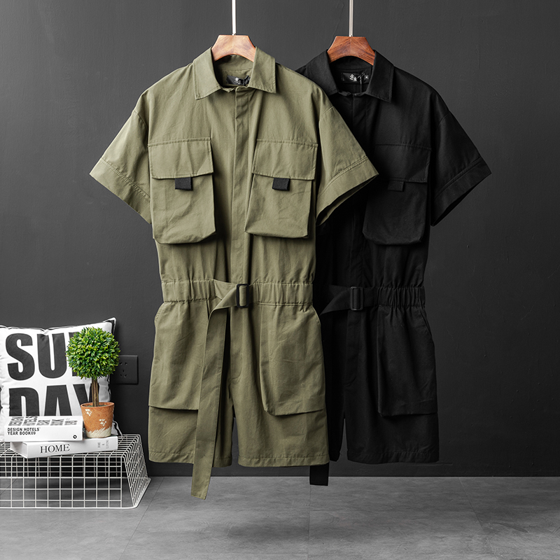 Summer tide brand personality short-sleeved shirt suit men's trend one-piece clothing hair stylist casual all-match jumpsuit men