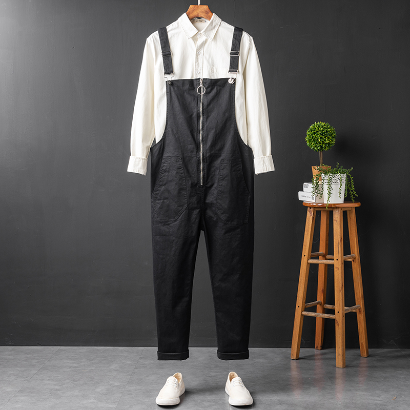 Japan and South Korea trend casual baby bag pants men's age-reducing all-match suspenders men's and women's tooling cigarette pants black