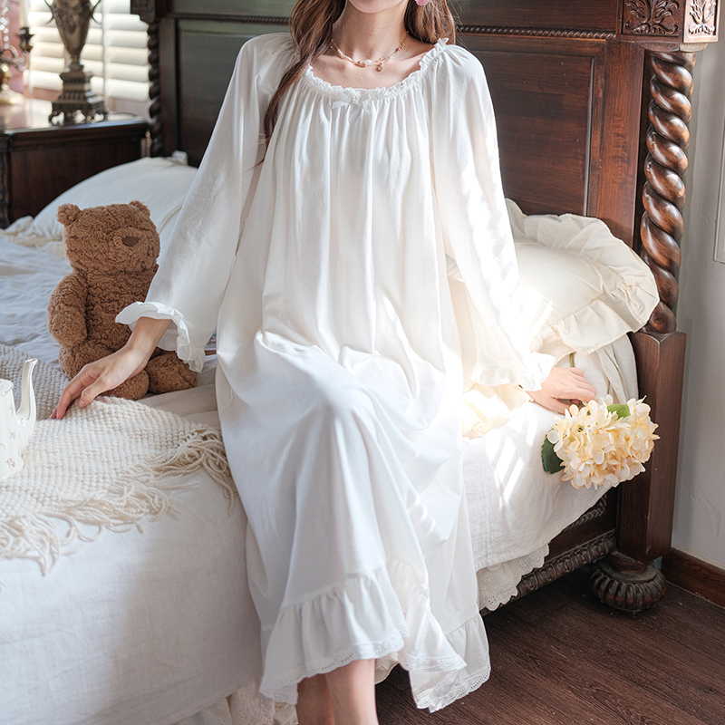 White Palace-Style Fairy Long-Sleeved Long Dress Nightgown for Women, New Spring and Autumn Pure Cotton Loose-Fitting Loungewear Pajamas White Palace-Style Fairy Long-Sleeved Long Dress Nightgown for Women, New Spring and Autumn Pure Cotton Loose-Fitting Loungewear Pajamas
