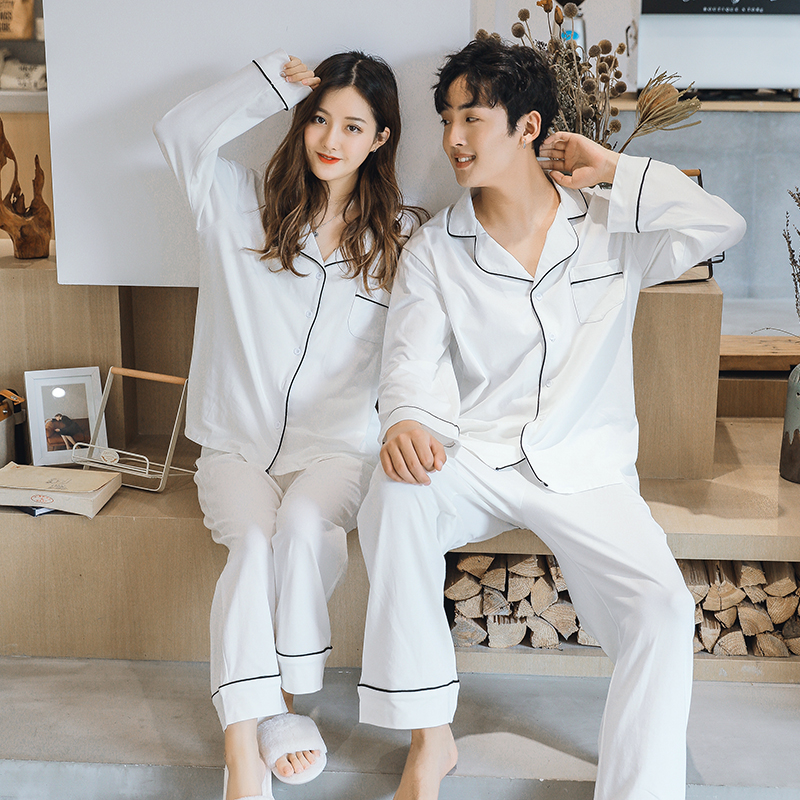 Korean version of cotton casual couple pajamas men's nightskirts women's autumn long sleeves trousers women's home clothes set Autumn