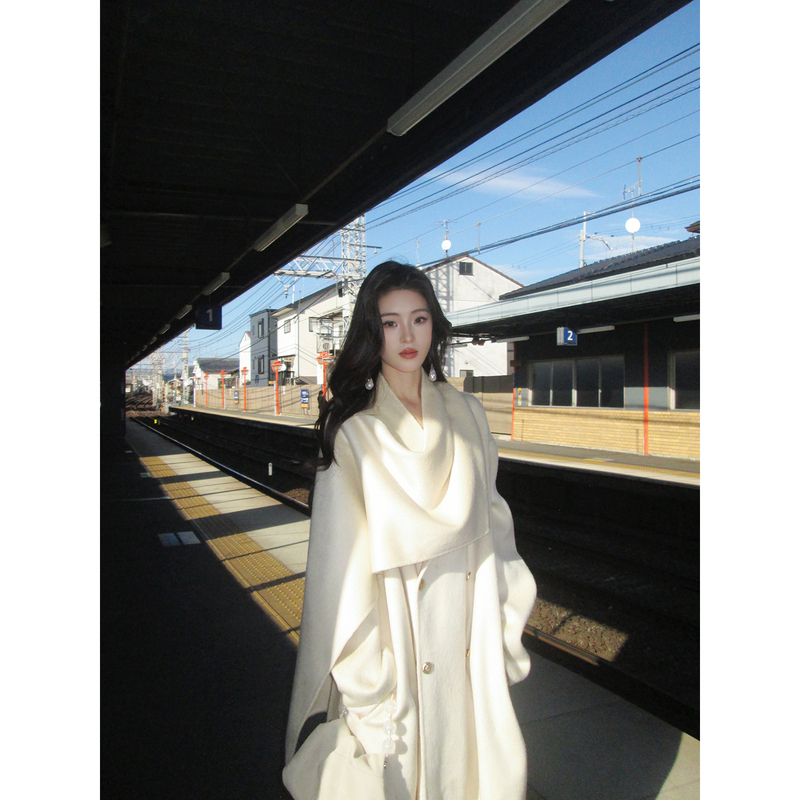 Icelolly Deep Winter Unique and Super Stylish Woolen Coat for Women, Winter Double-Sided Woolen White Scarf Coat