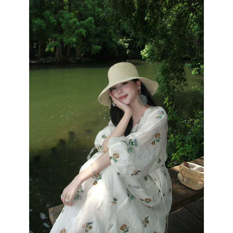 Icelolly Unique and Beautiful Loose Ramie Floral Dress for Women, Summer Vacation Style Dress for Petite Women