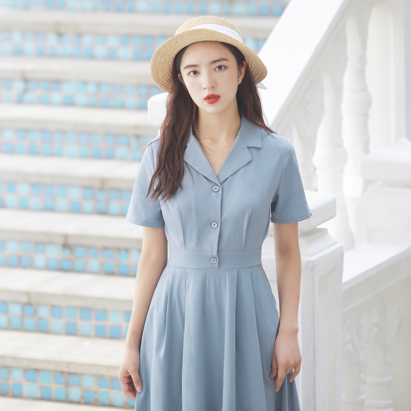 Spring and Autumn Blue Short-Sleeved Dress, Formal Attire, Elegant French Style, Suitable for Formal Occasions, Interview Attire, Suit, Long-Sleeved Dress for Women, Summer