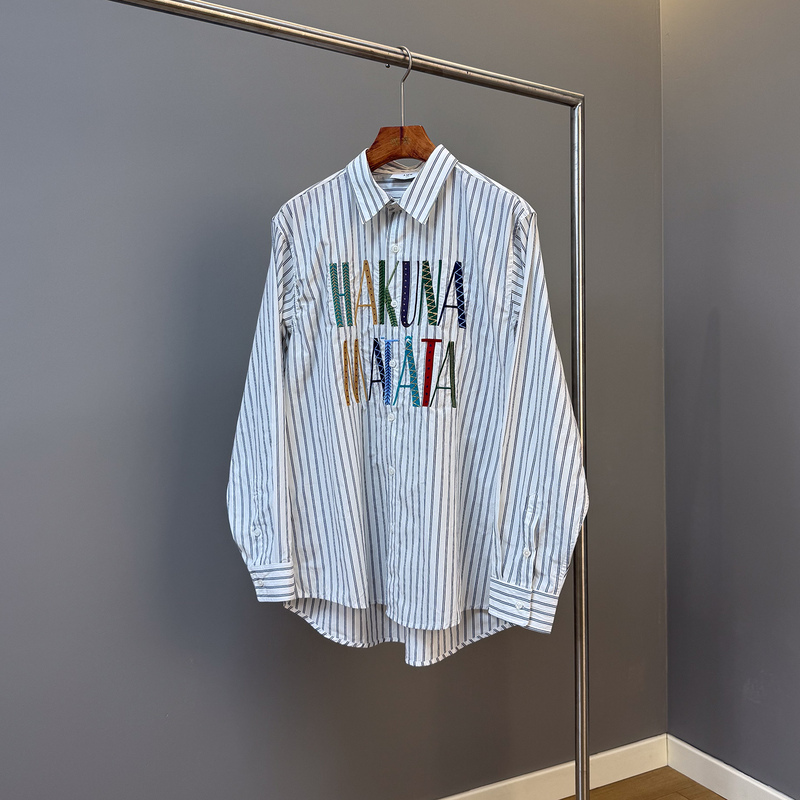 Mumu Men's Spring New Urban Style Embroidered Striped Shirt Men's Loose Fit Cotton Shirt Trendy