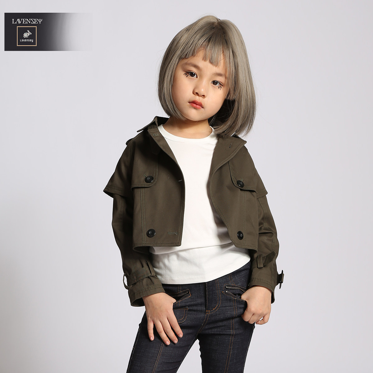 LAVENSEY2022 Girls and children's short windbreaker jacket British khaki foreign style casual double-breasted spring and autumn solid color