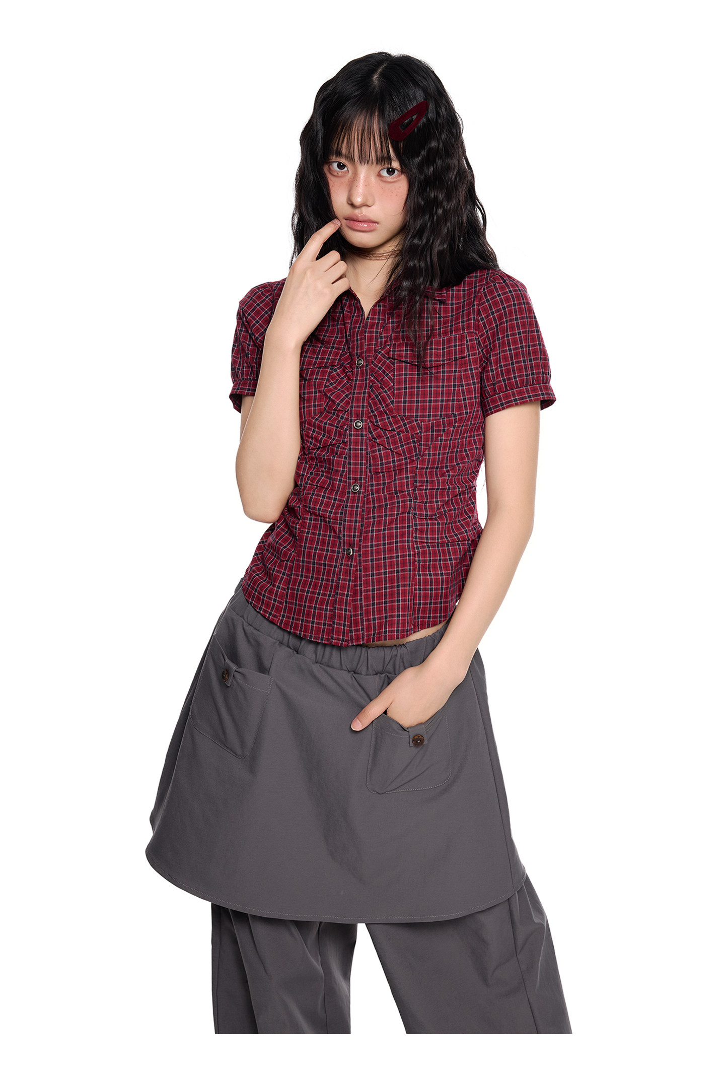EZEK Checked Puff-Sleeve Cropped Shirt