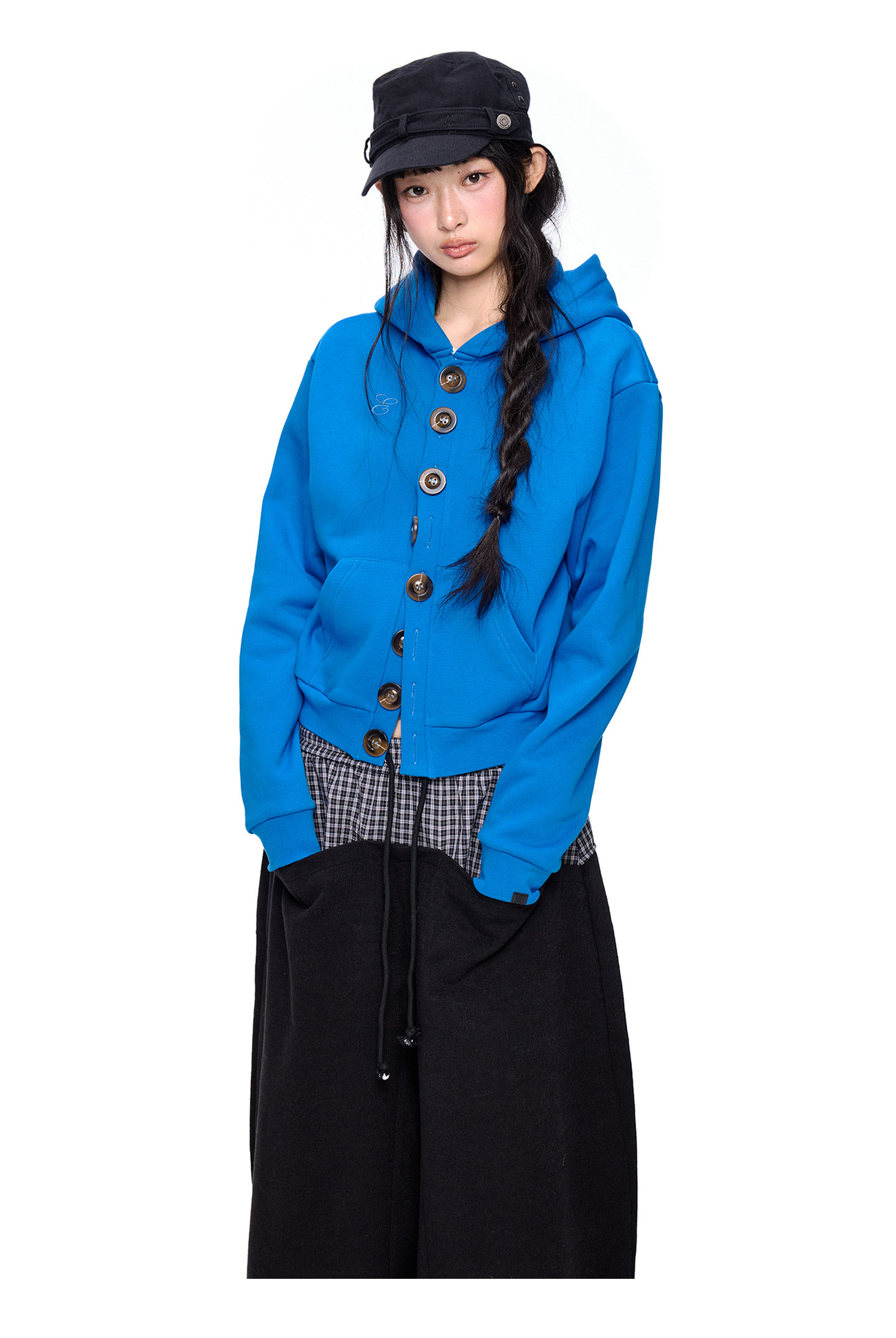EZEK Multi-Button Embroidered Cropped Hoodie