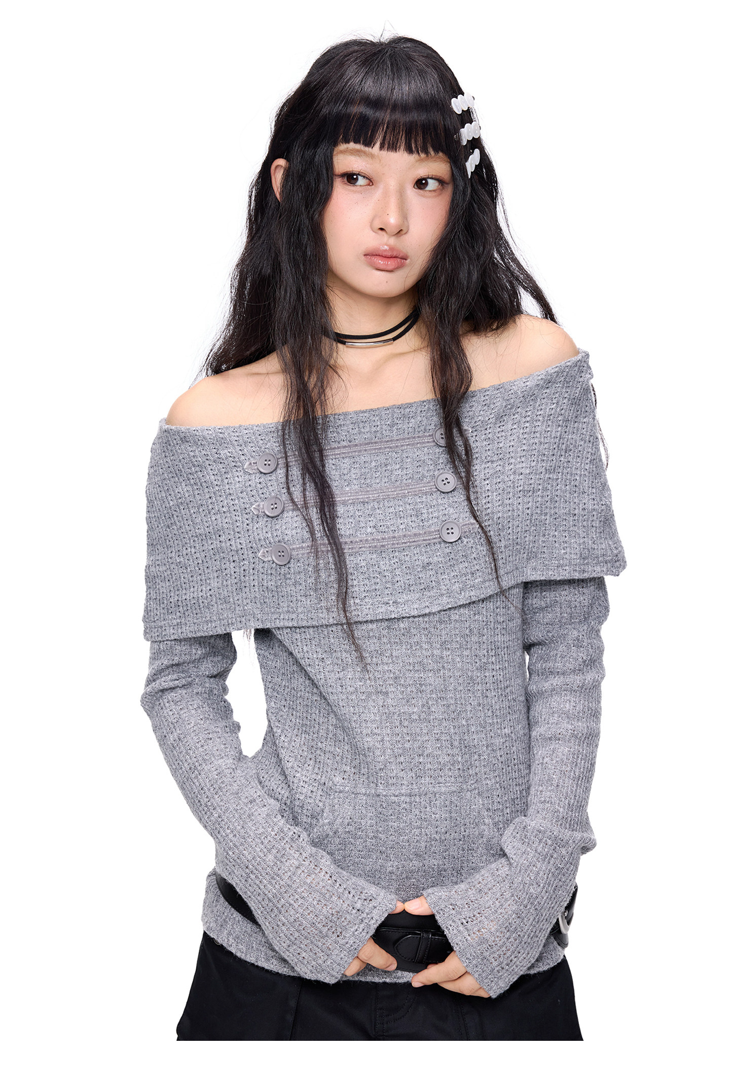 EZEK Off-Shoulder Button Knit Top