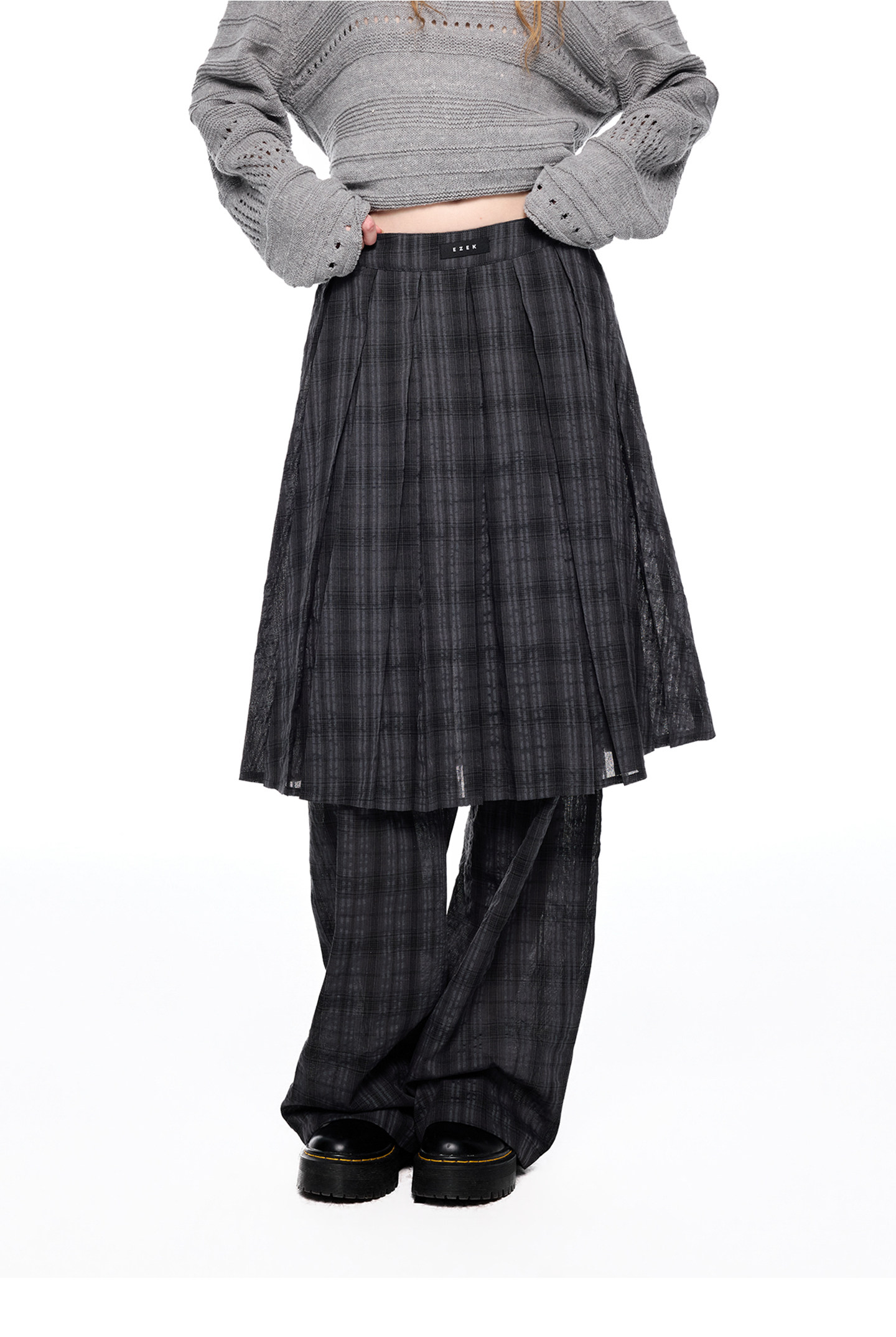 EZEK Plaid Pleated Wide-Leg Skirt Pants