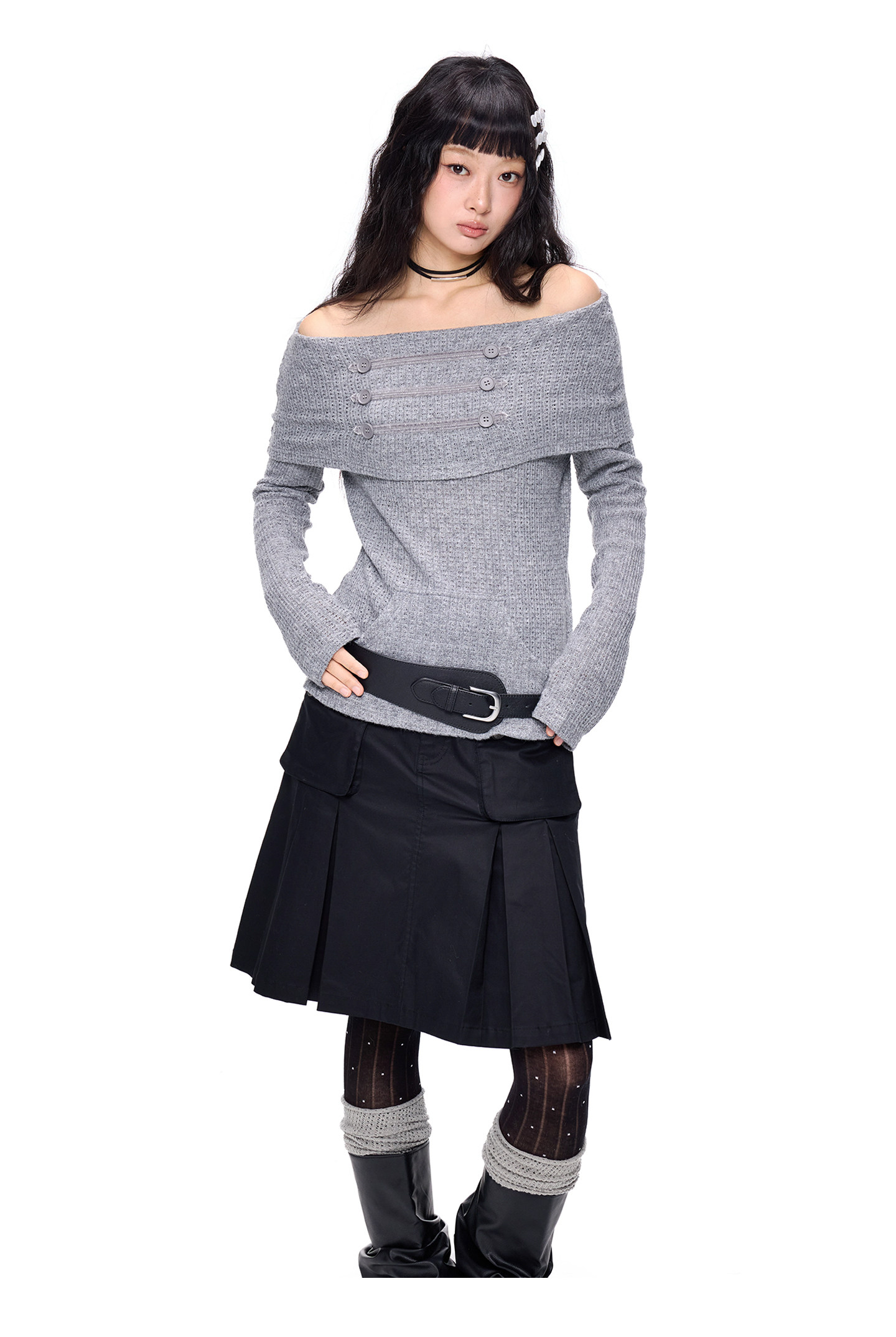 EZEK Off-Shoulder Button Knit Top
