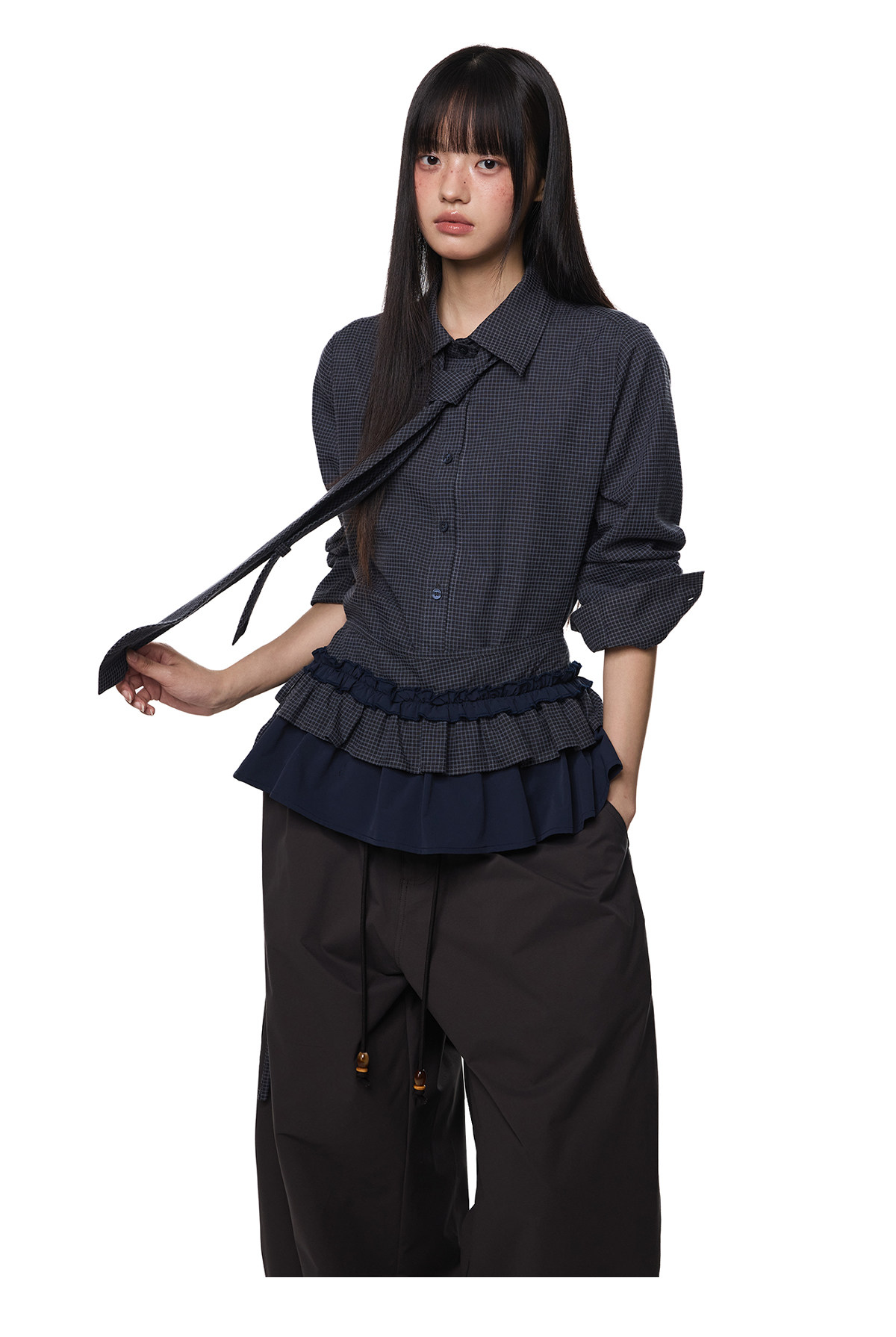 EZEK Plaid Ruffle Pleated Shirt