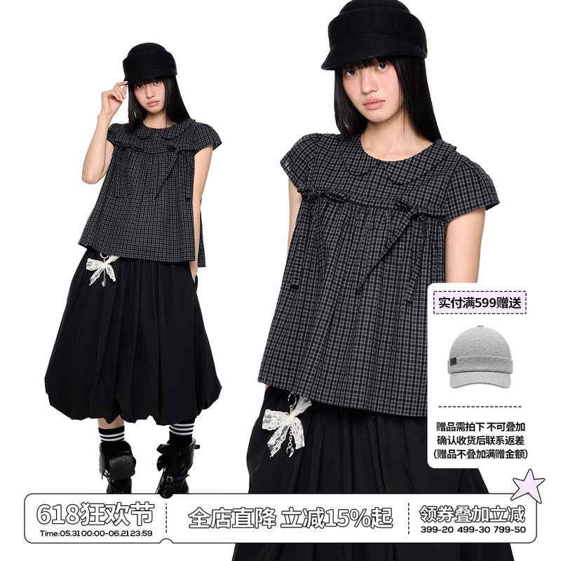 Ezek Doll Collar Plaid Tie Short-Sleeved Shirt for Women Summer New Loose Casual Slimming Retro Doll Shirt T-Shirt Ezek Doll Collar Plaid Tie Short-Sleeved Shirt for Women Summer New Loose Casual Slimming Retro Doll Shirt T-Shirt