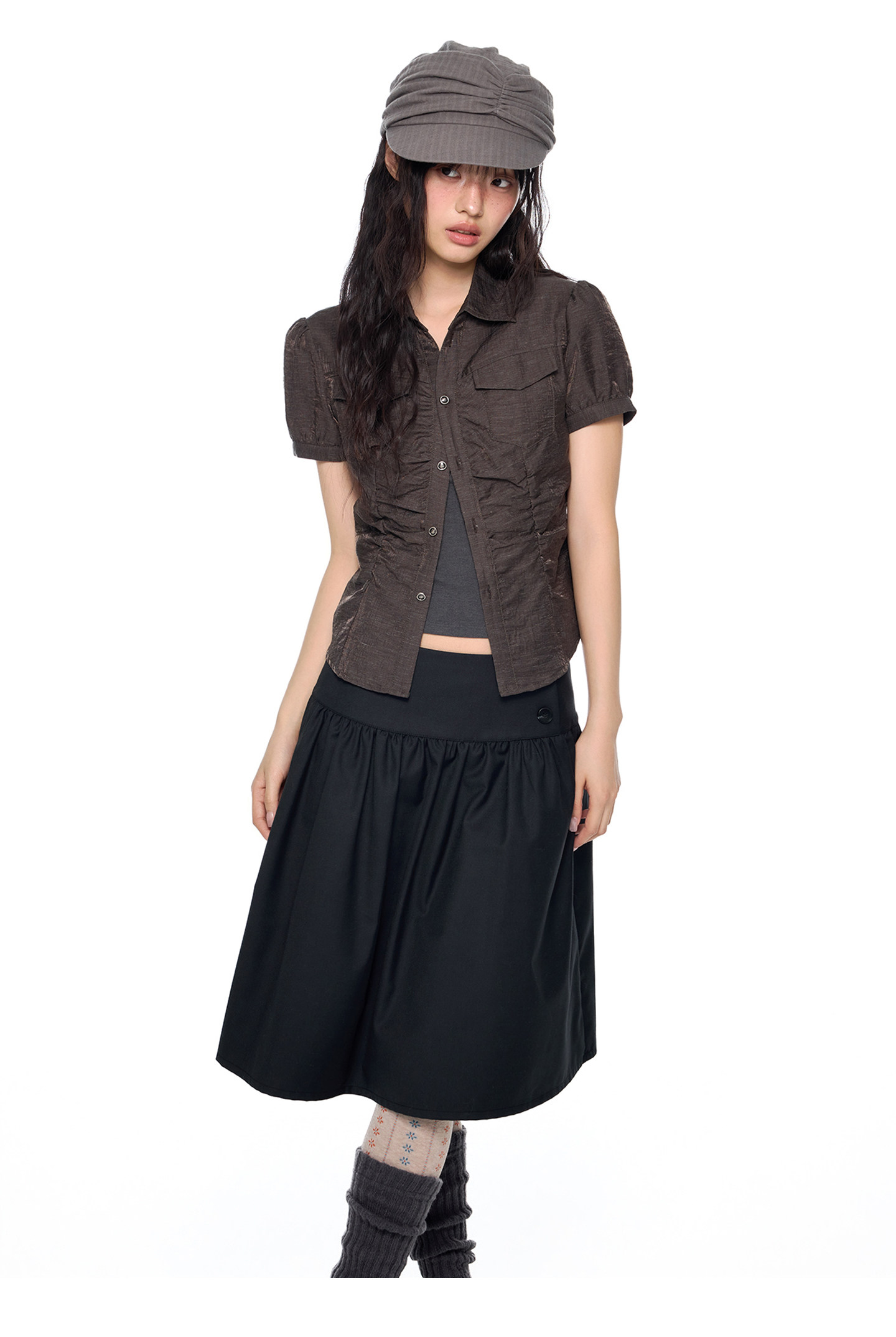 EZEK Checked Puff-Sleeve Cropped Shirt