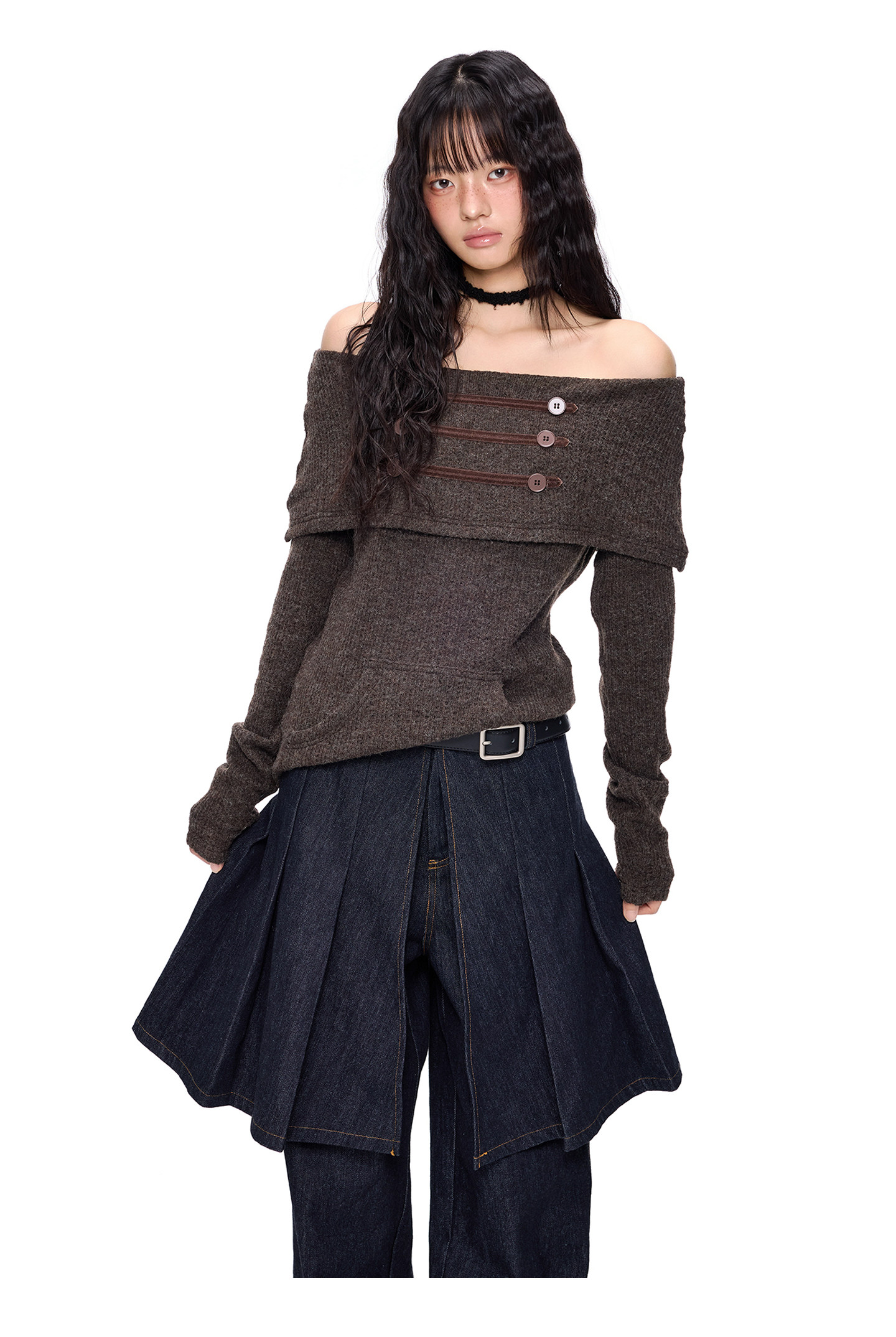 EZEK Off-Shoulder Button Knit Top